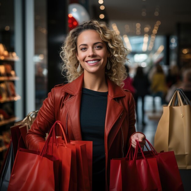 uma mulher segurando sacolas de compras em uma loja com uma mulher segurando sacolas de compras.