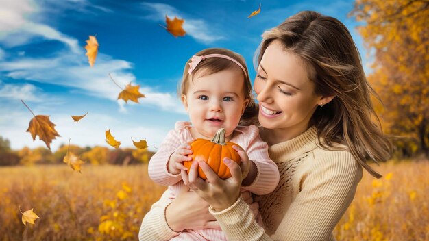 Foto uma mulher segurando um bebê e sorrindo com uma abóbora no fundo