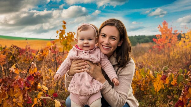 uma mulher segurando um bebê e sorrindo em um campo com folhas de outono