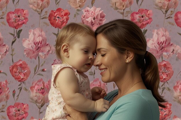 Foto uma mulher segurando um bebê e um fundo floral com um padrão floral