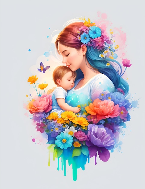 Uma mulher segurando um bebê e uma borboleta pintada na parede