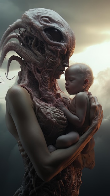Foto uma mulher segurando um bebê e uma estátua de uma mulher segurando uma criança