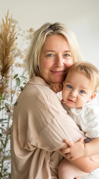 Foto uma mulher segurando um bebê e uma foto de uma planta atrás dela