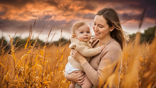 uma mulher segurando um bebê em um campo de trigo