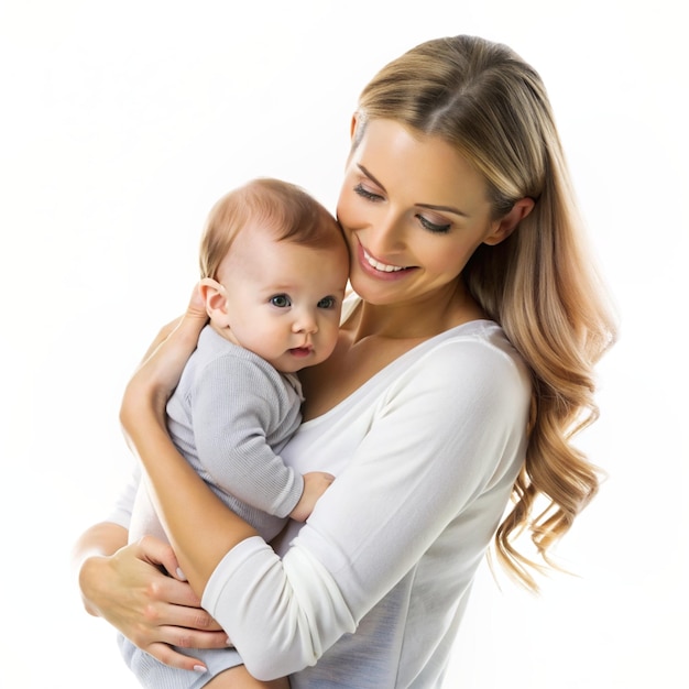 uma mulher segurando um bebê em uma foto de mãe e criança de fundo branco