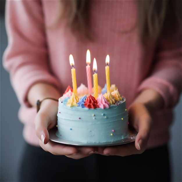 Uma mulher segurando um bolo de aniversário com velas acesas.