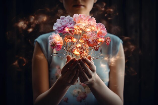 Uma mulher segurando um bouquet de flores em suas mãos