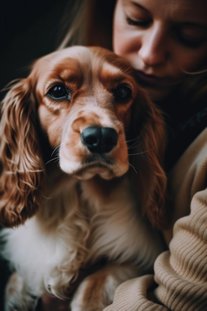 Uma mulher segurando um cachorro em seus braços imagem generativa ai