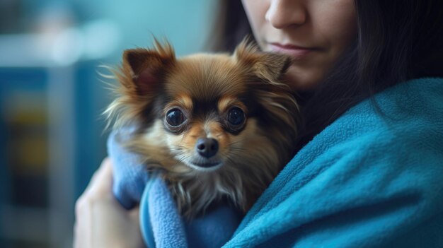 Uma mulher segurando um cão pequeno embrulhado em uma toalha um dono com um animal de estimação doente em uma clínica veterinária