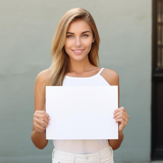 uma mulher segurando um cartaz ou cartão em branco nas mãos