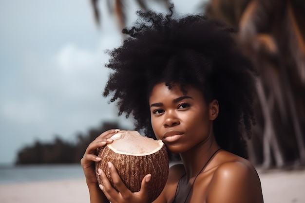 Uma mulher segurando um coco na praia