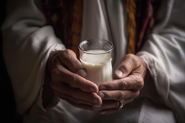 Uma mulher segurando um copo de leite em suas mãos Generative Ai