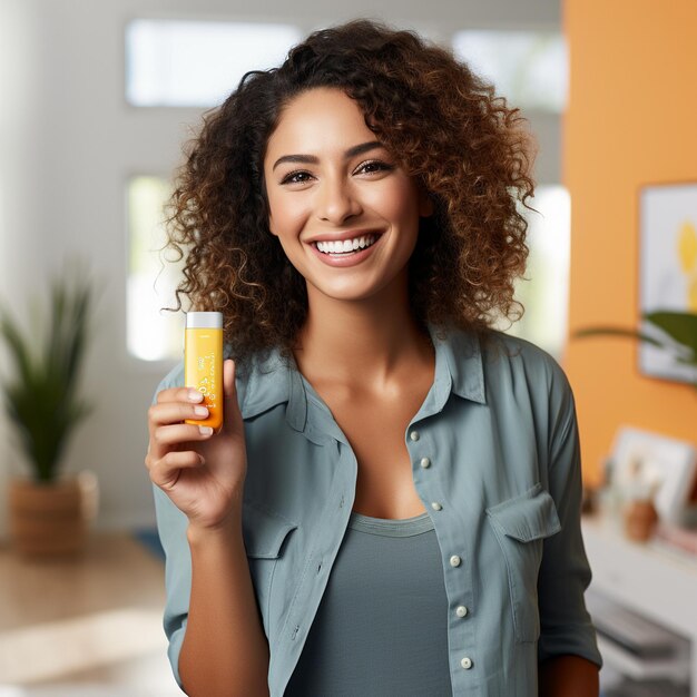 uma mulher segurando um copo de suco de laranja na mão.