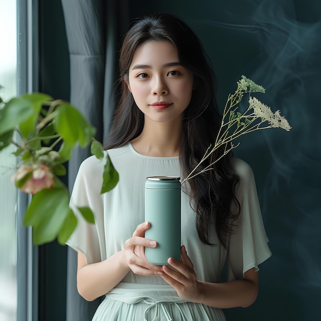 Uma mulher segurando um copo e uma planta em suas mãos