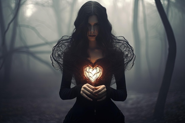 Uma mulher segurando um coração brilhante em uma floresta escura
