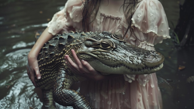 Foto uma mulher segurando um crocodilo que tem a palavra jacaré nele