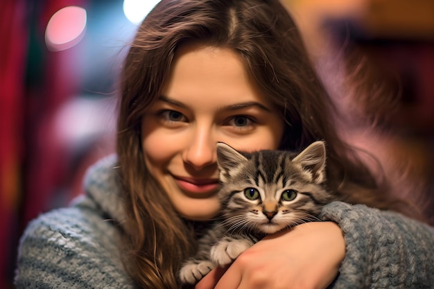 Uma mulher segurando um gatinho