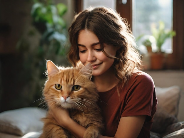 Foto uma mulher segurando um gato e uma planta doméstica