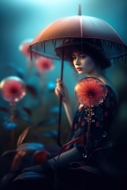 Uma mulher segurando um guarda-chuva com uma flor.