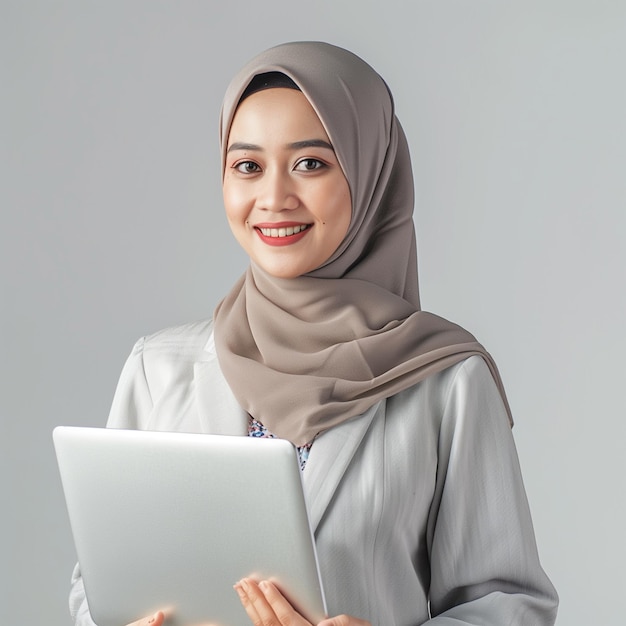 uma mulher segurando um laptop branco com um sorriso no rosto