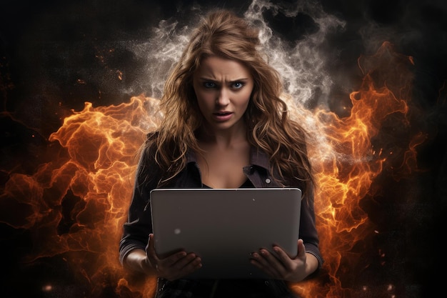 Uma mulher segurando um laptop nas mãos