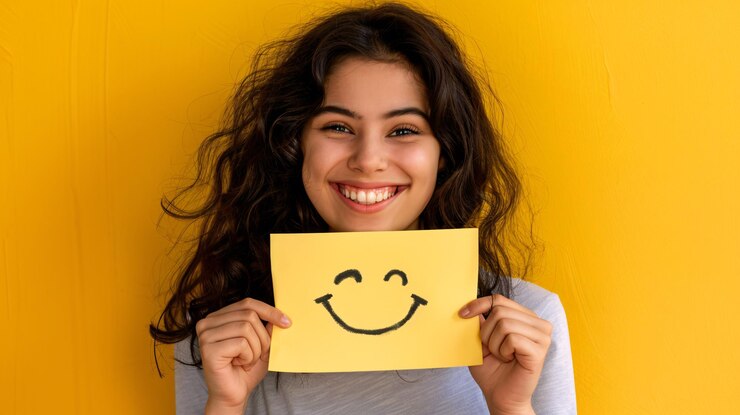 Foto uma mulher segurando um papel amarelo com um rosto sorridente nele