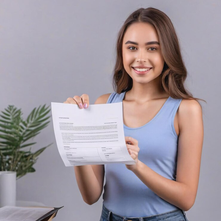 Foto uma mulher segurando um pedaço de papel com um documento no fundo