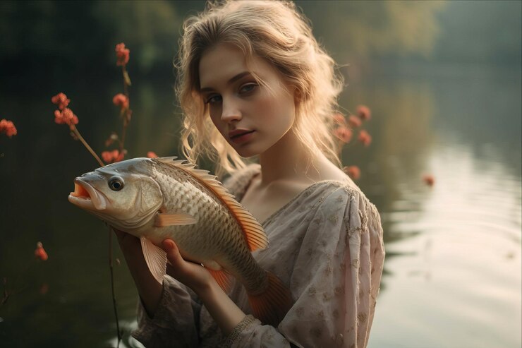 Foto uma mulher segurando um peixe com o sol atrás dela