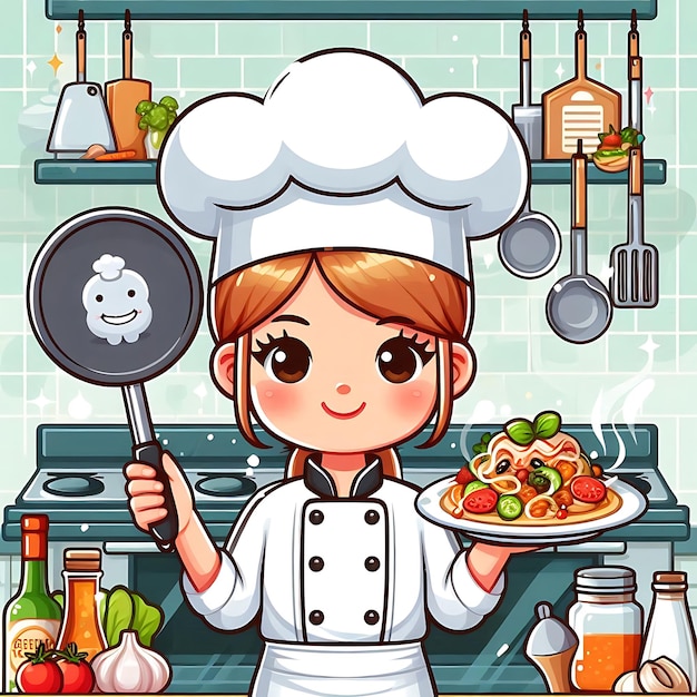 uma mulher segurando um prato de comida com um chapéu de chef