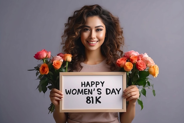 Uma mulher segurando um sinal que diz feliz do dia da mulher