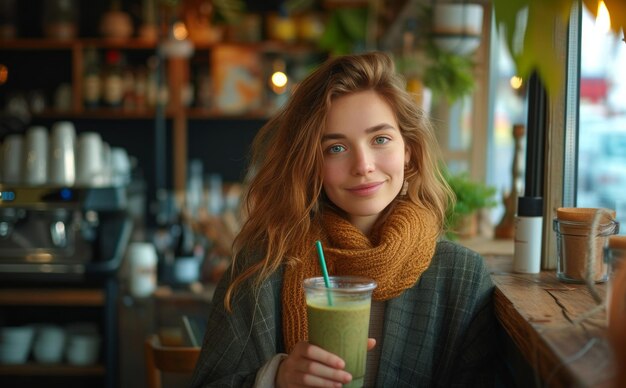 uma mulher segurando um smoothie sentada em um café