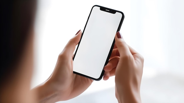Uma mulher segurando um telefone com uma tela em branco