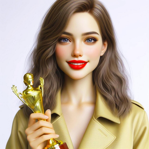 Uma mulher segurando um troféu e uma foto de uma mulher segurando o troféu