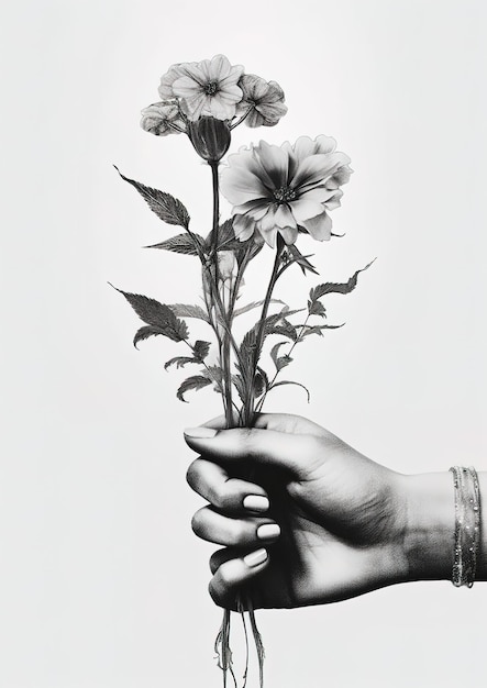 uma mulher segurando um vaso com flores na mão