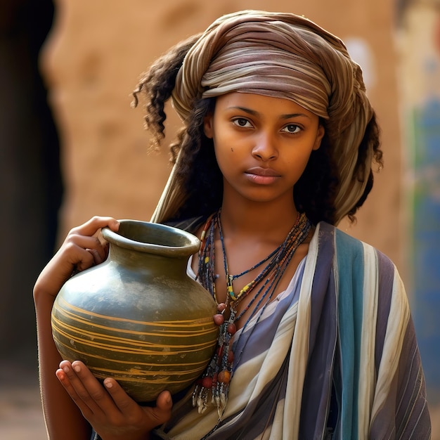 Uma mulher segurando um vaso que tem a palavra "quot"