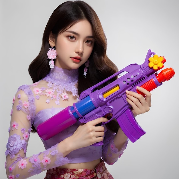 uma mulher segurando uma arma que diz modelo em roxo