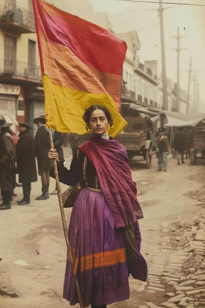 Uma mulher segurando uma bandeira que diz a palavra nela