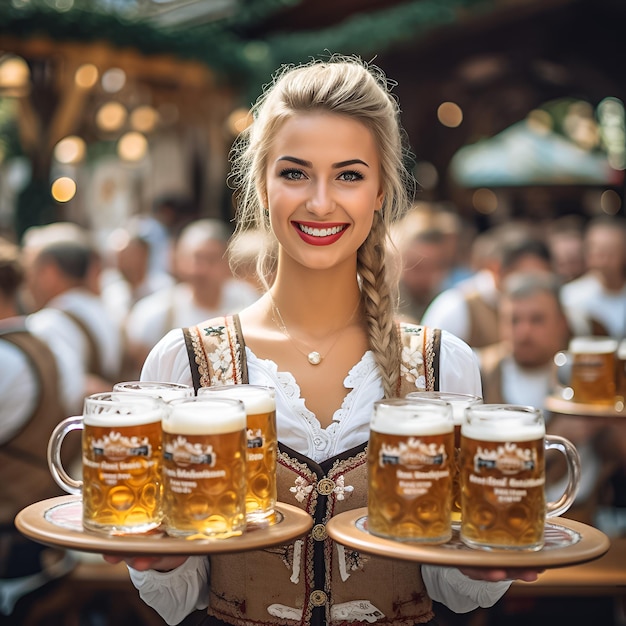 uma mulher segurando uma bandeja com canecas de cerveja com a palavra cerveja.