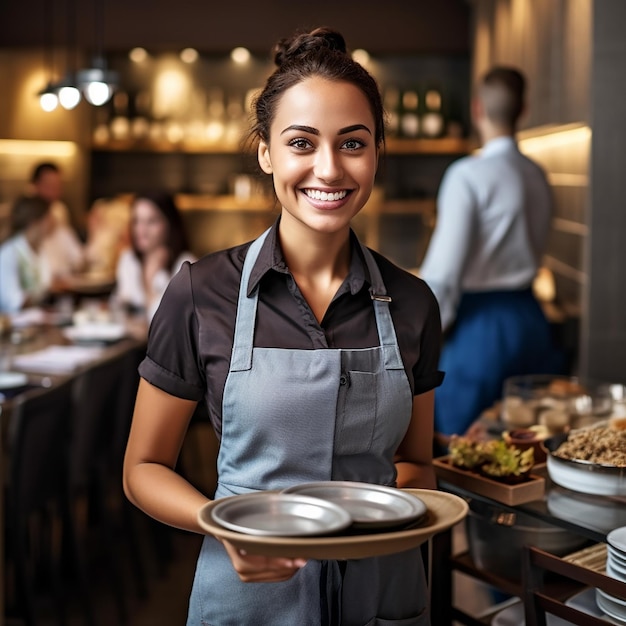 Foto uma mulher segurando uma bandeja com comida nela