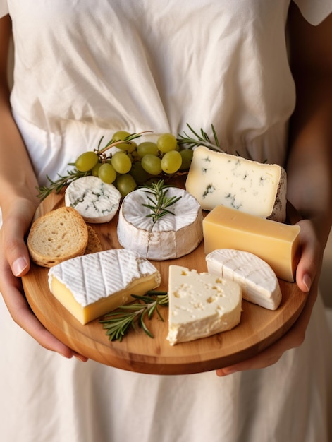 uma mulher segurando uma bandeja com vários tipos de queijos brie camembert prato de queijo azul vista superior