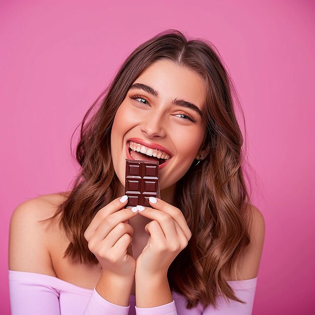 Foto uma mulher segurando uma barra de chocolate com um fundo rosa