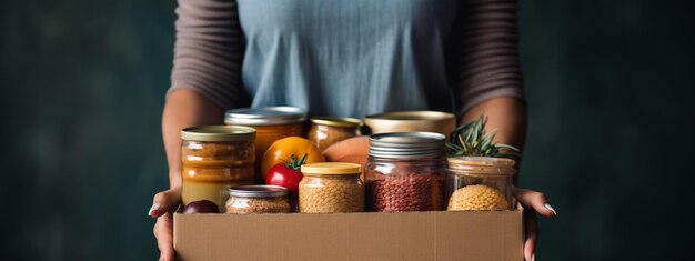 Uma mulher segurando uma caixa com comida um voluntário ajudando os pobres