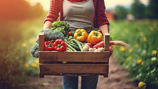 Uma mulher segurando uma caixa de vegetais