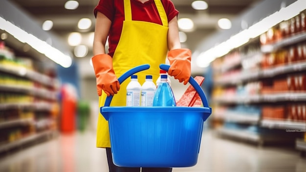 Uma mulher segurando uma cesta de produtos de limpeza