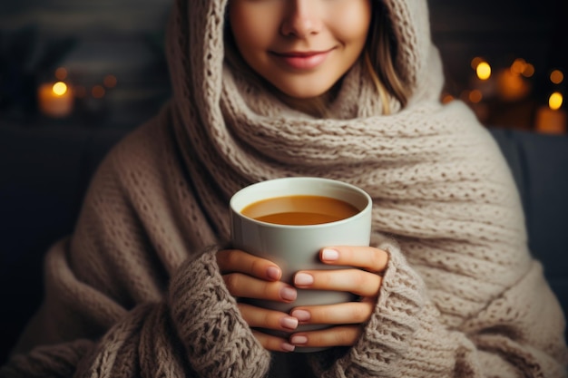 Uma mulher segurando uma chávena de bebida quente enquanto se relaxa em um cobertor em casa durante o inverno