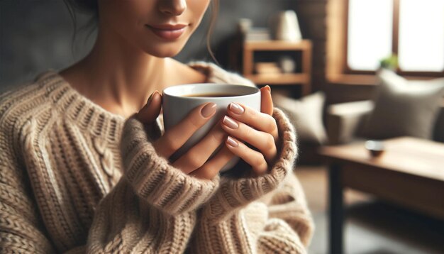 Uma mulher segurando uma chávena de café em uma casa aconchegante desfrutando de uma bebida matinal