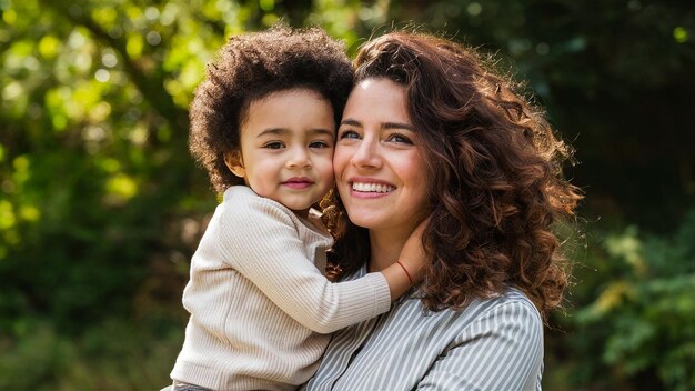 uma mulher segurando uma criança com um sorriso que diz que ela é uma mãe