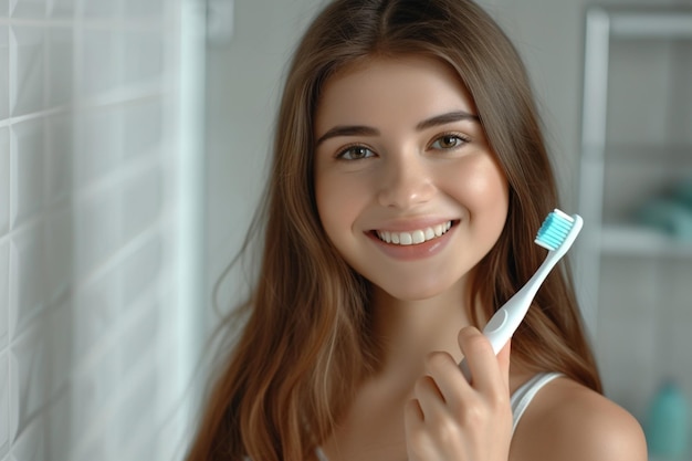 uma mulher segurando uma escova de dentes e sorrindo com dentes bonitos no fundo do estilo bokeh