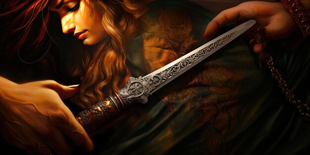 Uma mulher segurando uma espada com a palavra "o" nela.