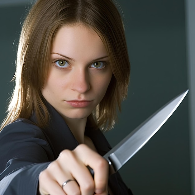 Uma mulher segurando uma faca com a palavra " nela " na frente.
